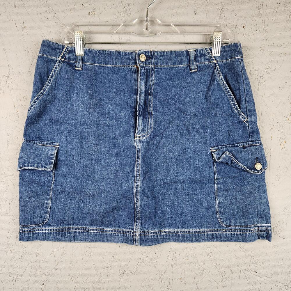 Vintage GAP Denim Skirt Womens 12 Blue Cargo Utility Mini Pockets Grunge Casual